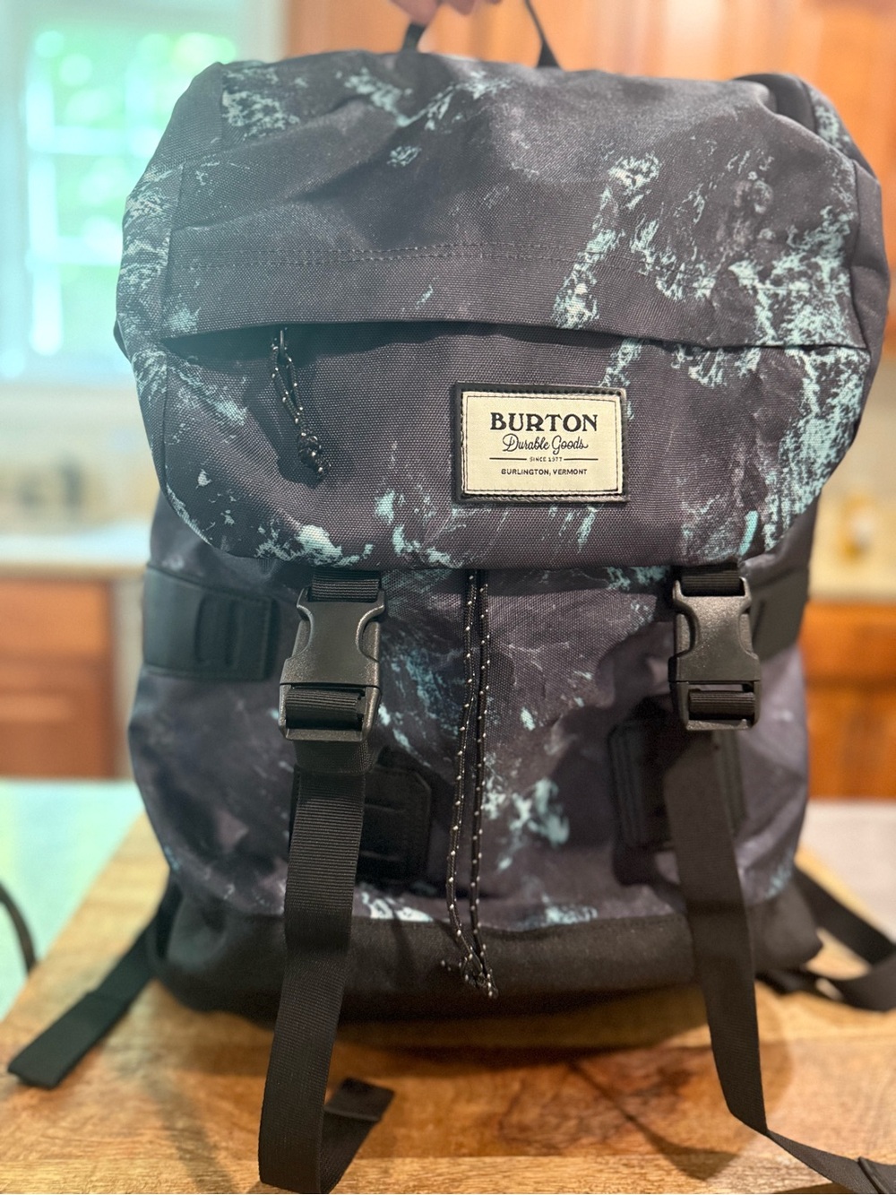 Burton Tinder Backpack Dark Mottled Print with turquoise and Blue accents